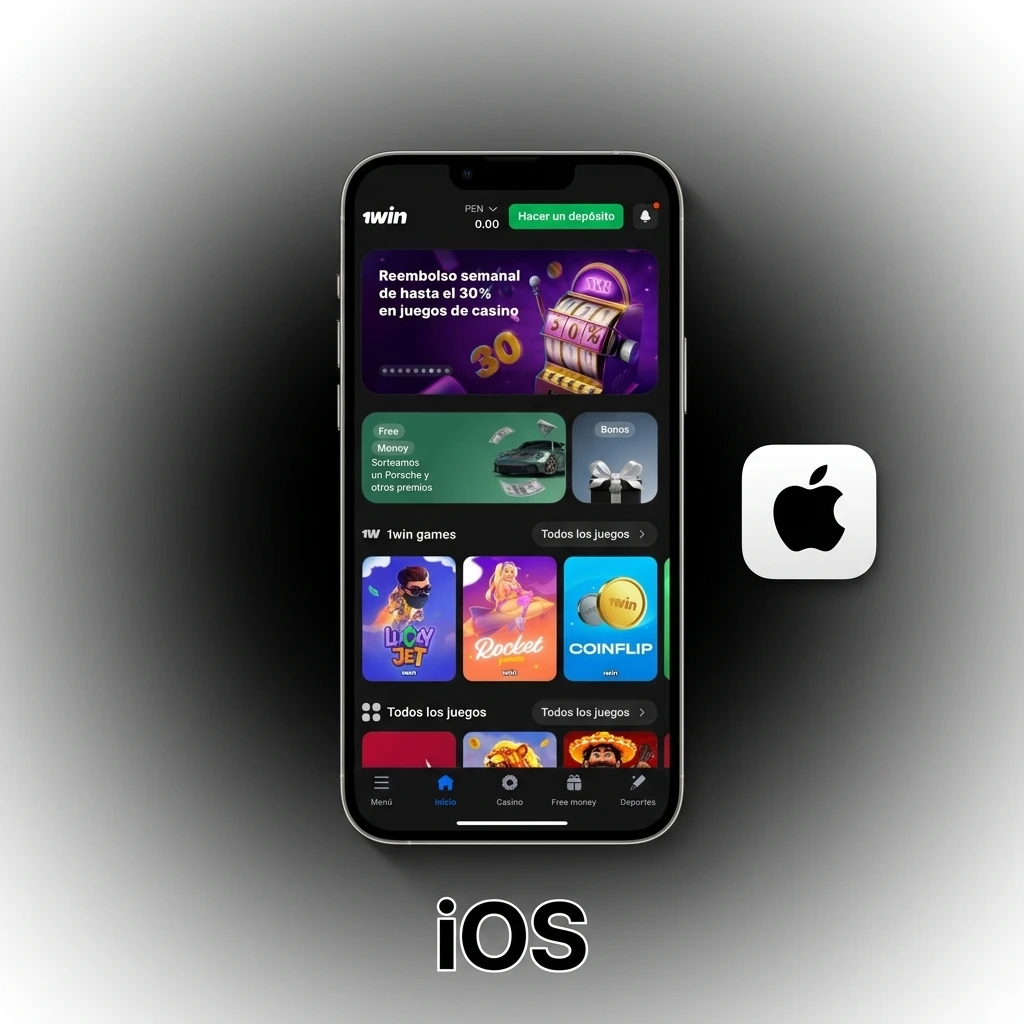 App 1win para iOS en iPhone y iPad, descarga desde App Store, compatible con iOS 12.0 o superior