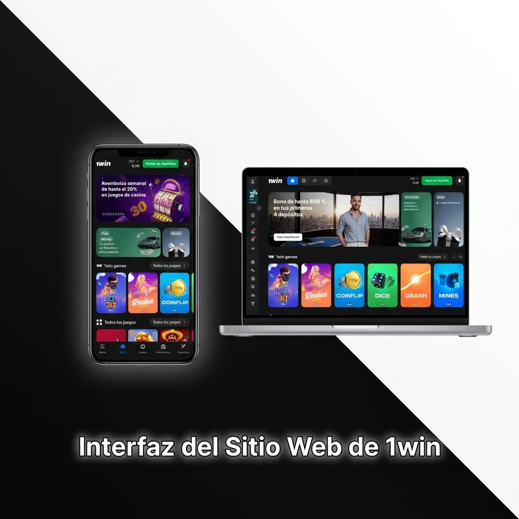 Interfaz del sitio web de 1win con barra de navegación superior y accesos a apuestas, casino y promociones