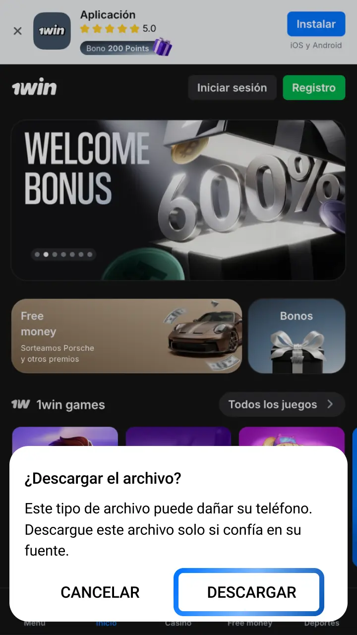 Confirma la descarga del APK de 1win aceptando el mensaje en la pantalla de tu dispositivo.