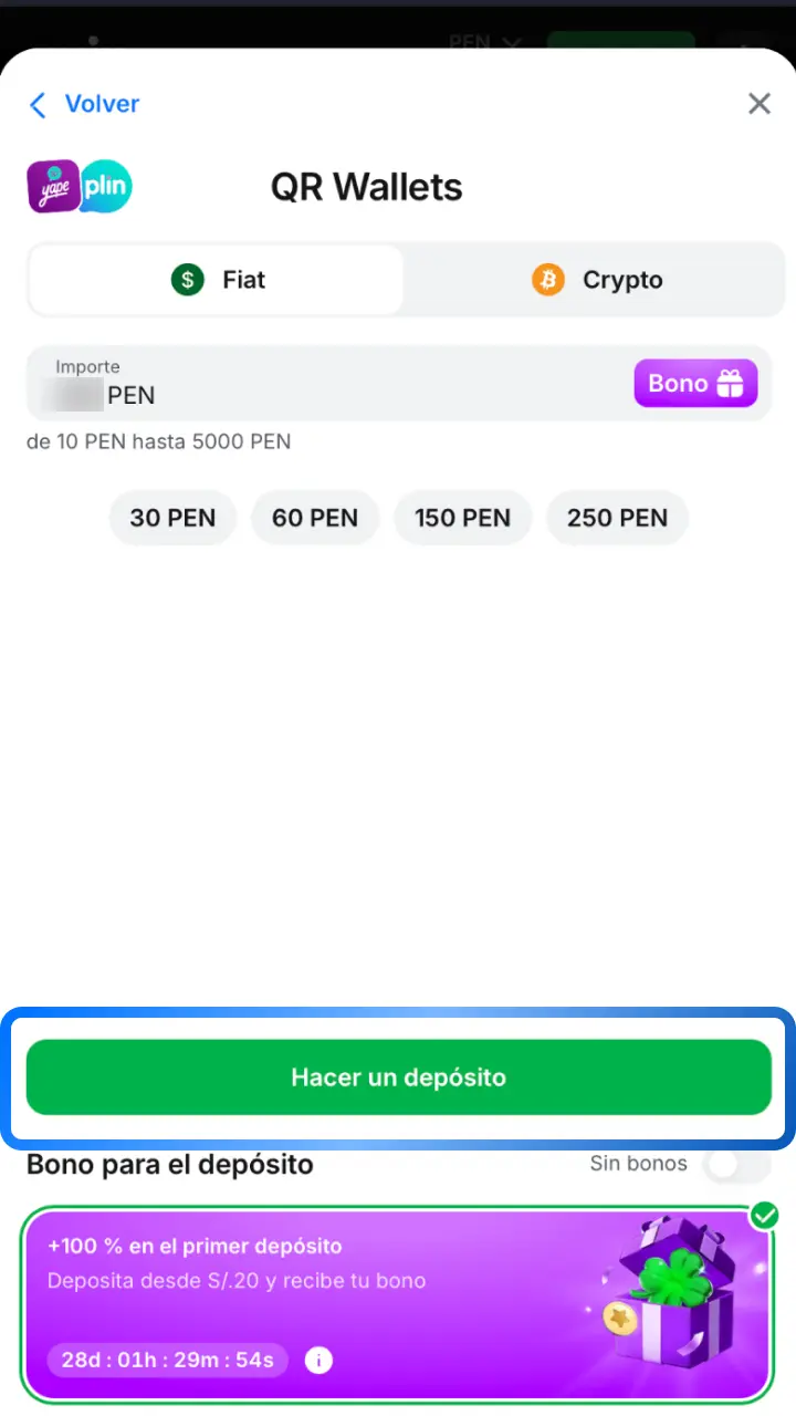 Ingresa el monto a depositar en 1win y sigue las instrucciones para completar la transacción.