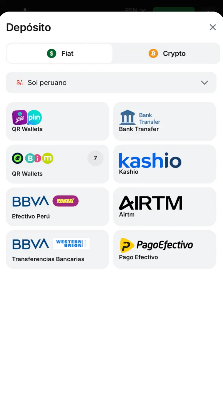 Elige tu método de pago favorito para Perú como Bim o BBVA en la app de 1win.
