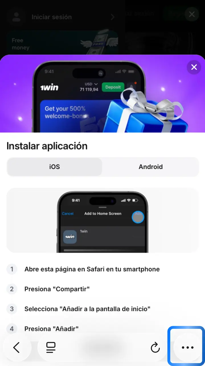 Abre Safari y accede al sitio oficial de 1win para comenzar la instalación en tu iPhone.