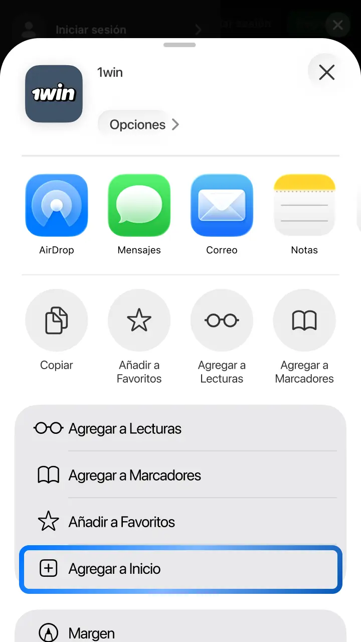 Selecciona Agregar a pantalla de inicio y confirma el nombre para guardar el acceso de 1win.