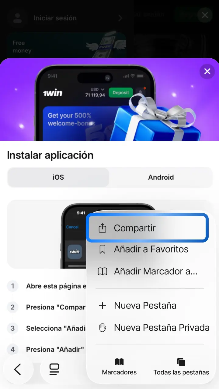 Toca el ícono de compartir en la barra inferior de Safari para continuar con la instalación de 1win.