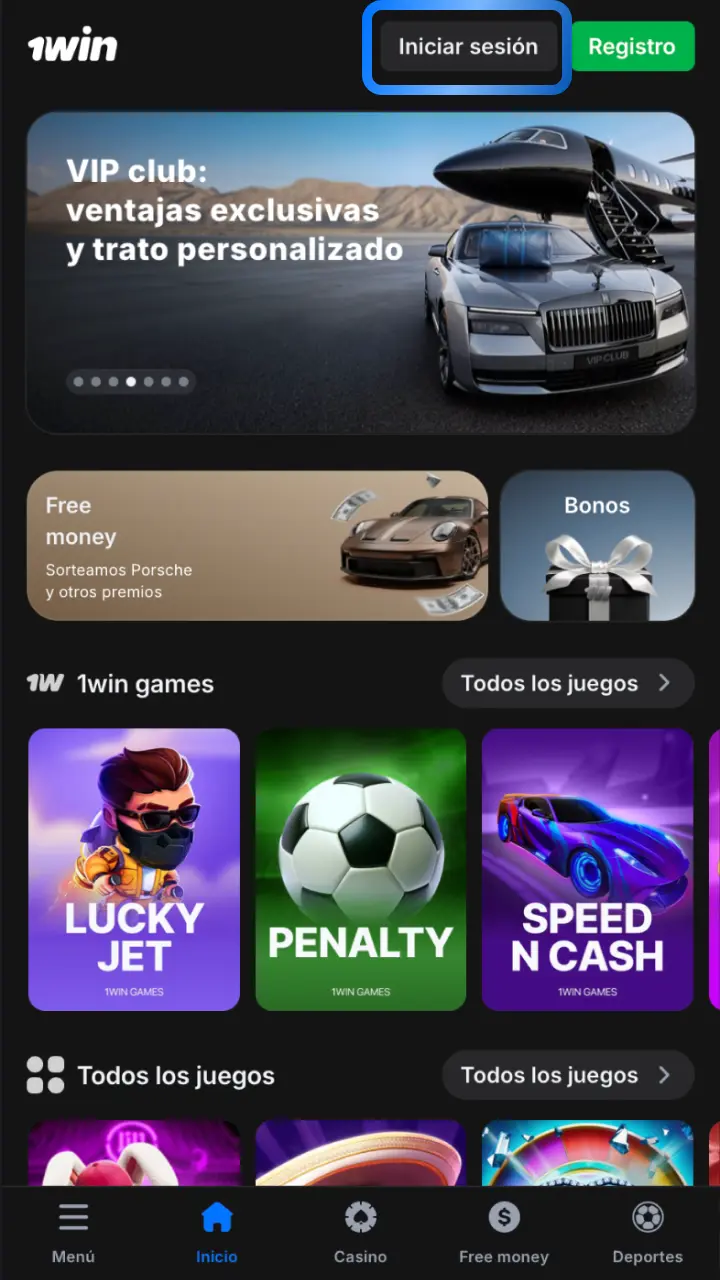 Visita el sitio oficial de 1win desde tu navegador y toca el botón Iniciar sesión.