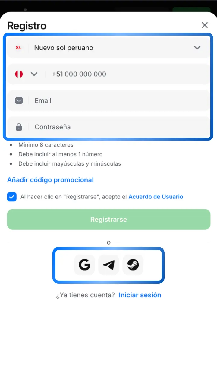 Elige registro por teléfono, correo o red social para crear tu cuenta en 1win.