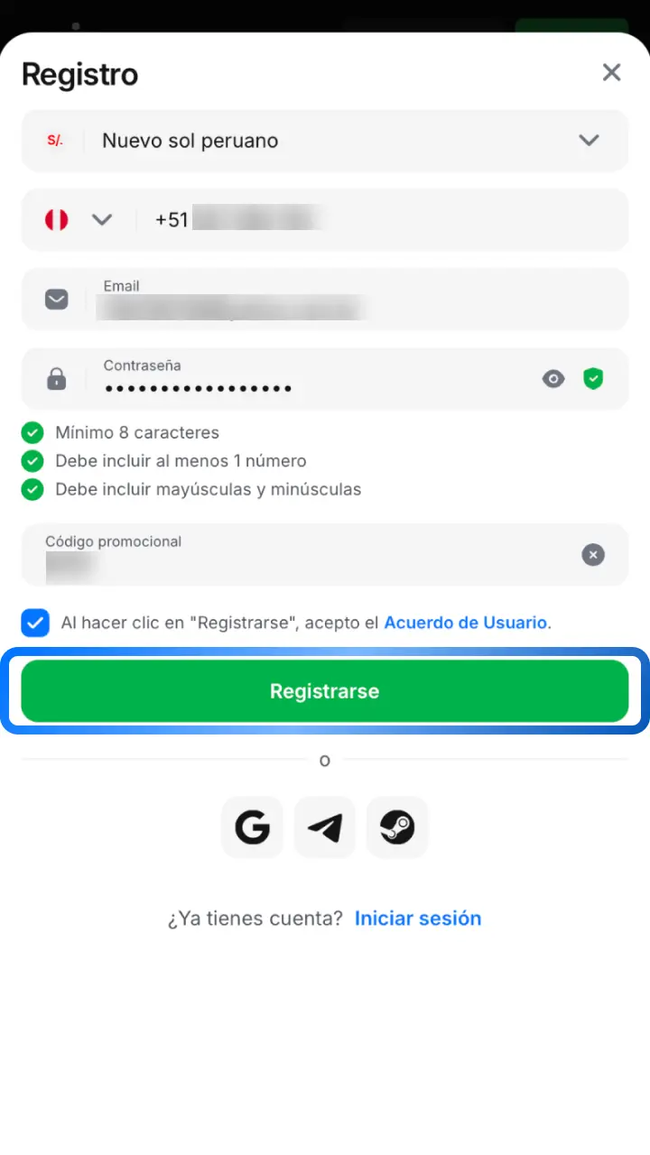 Confirma tu cuenta de 1win con el código enviado a tu teléfono o correo y empieza a jugar.