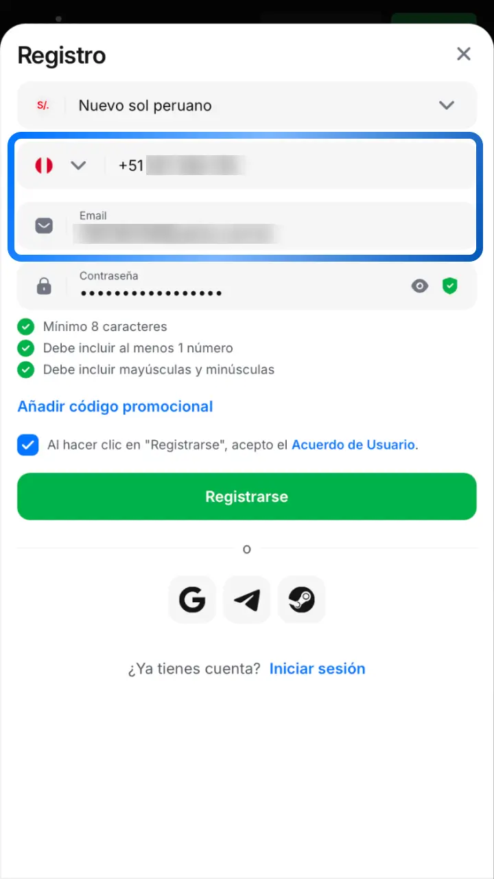 Completa tus datos personales y selecciona la moneda PEN en el formulario de 1win.