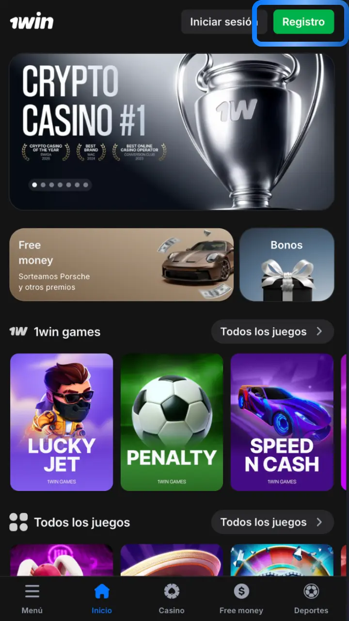 Abre el sitio de 1win desde tu móvil y toca el botón Registro para crear tu cuenta.