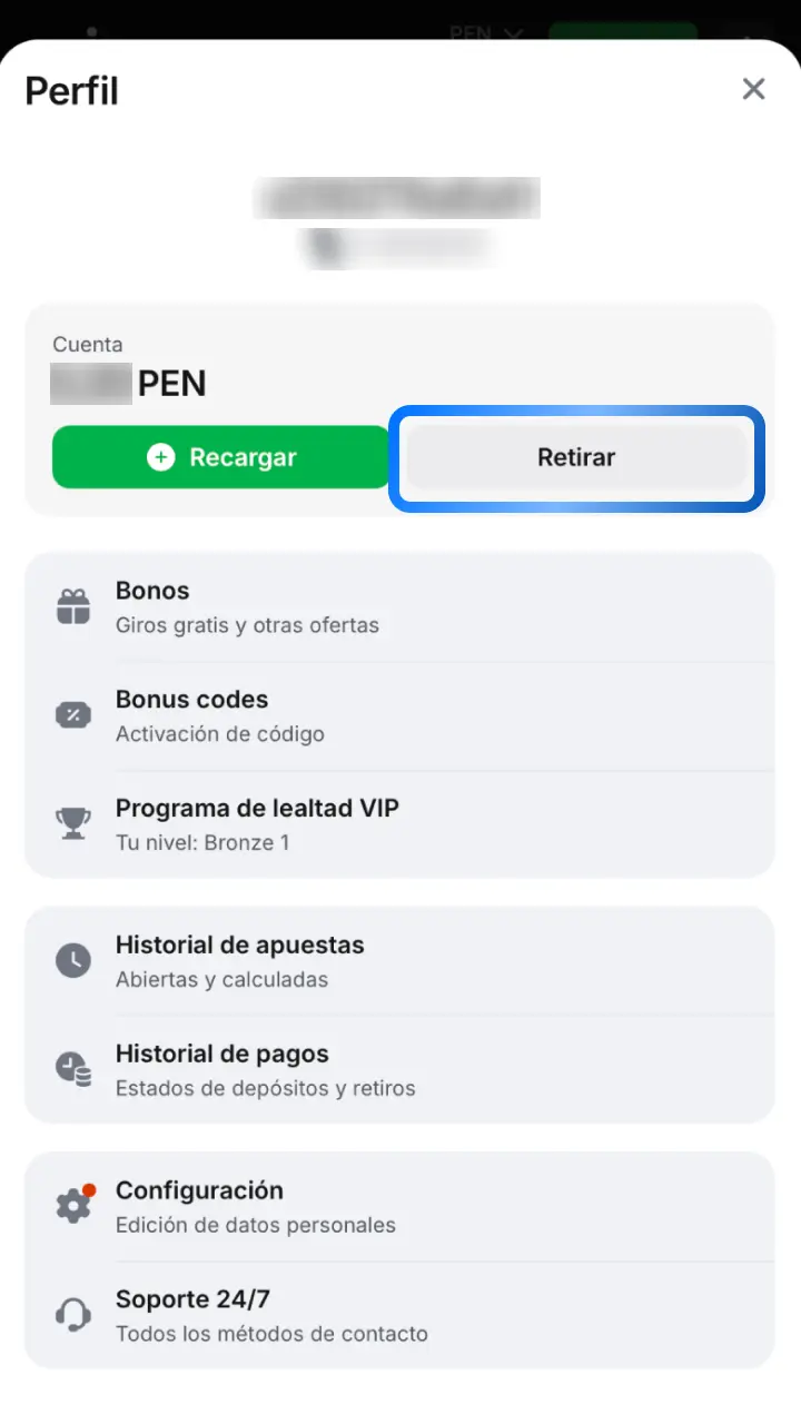 Inicia sesión en 1win y accede a la sección Caja o Retiro desde tu celular.