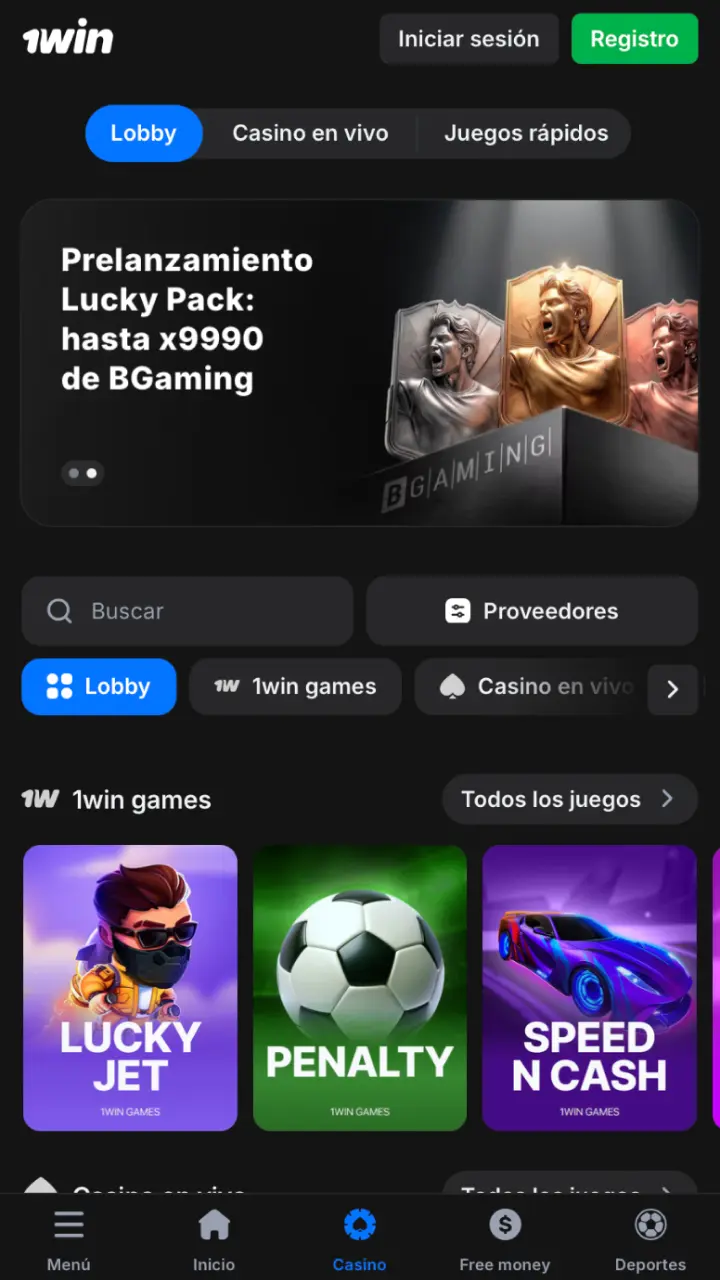 Lobby del casino online de 1win Perú con tragamonedas, juegos de mesa y live dealers.