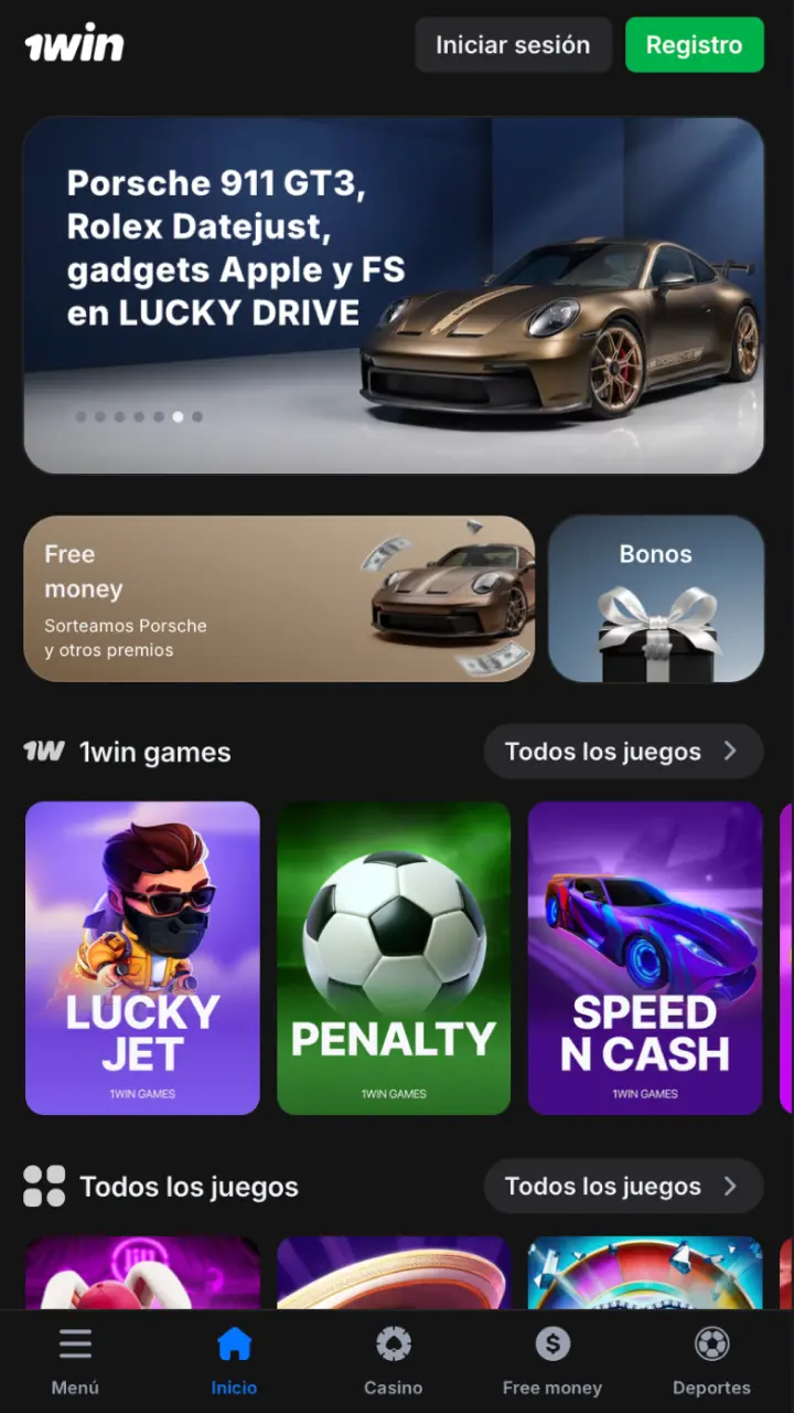 Pantalla principal de 1win Perú con acceso a deportes, casino y promociones activas.