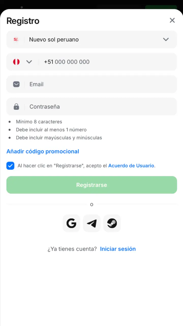 Formulario de registro en 1win Perú para crear tu cuenta y activar el bono de bienvenida.