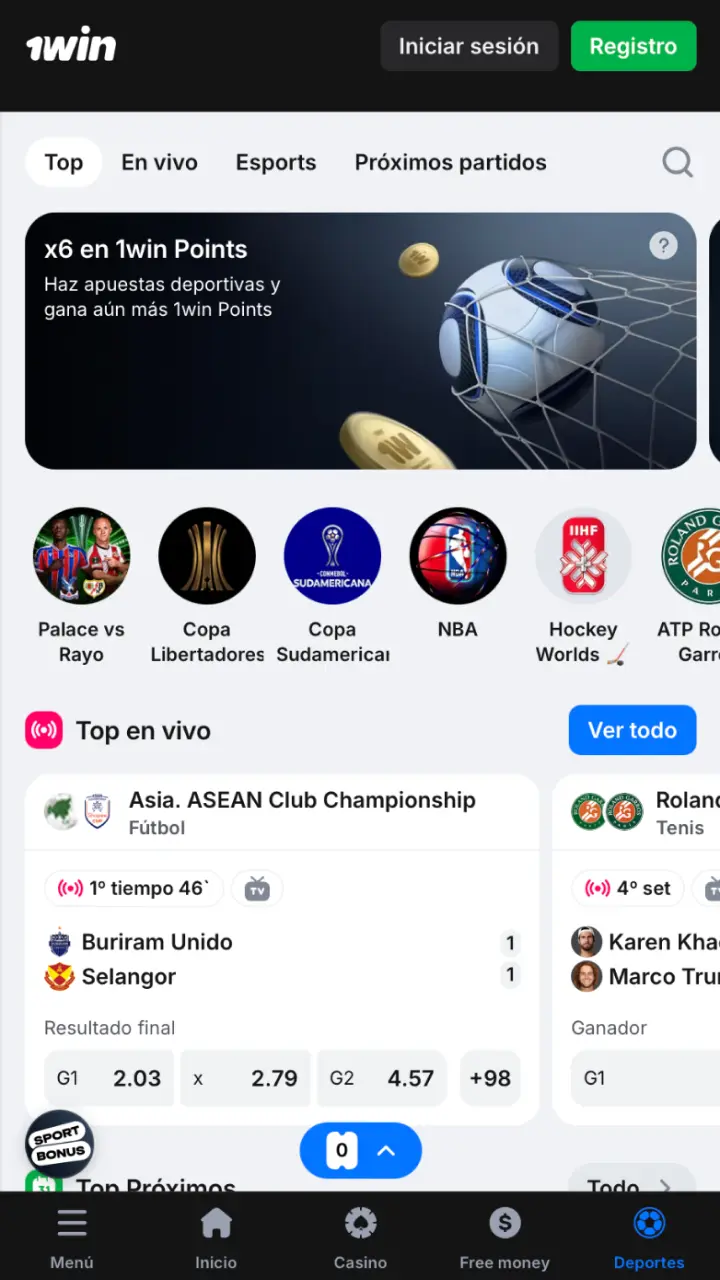 Interfaz de apuestas deportivas de 1win Perú con odds en vivo y eventos destacados.