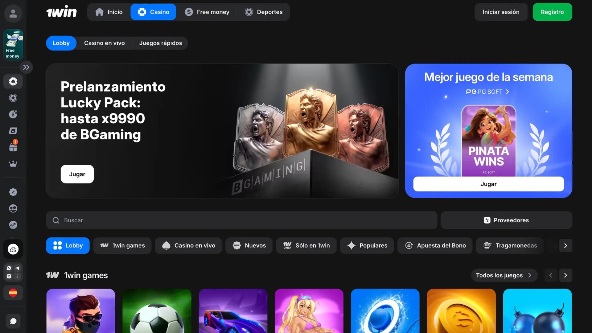 Lobby del casino online de 1win Perú con tragamonedas, juegos de mesa y live dealers.