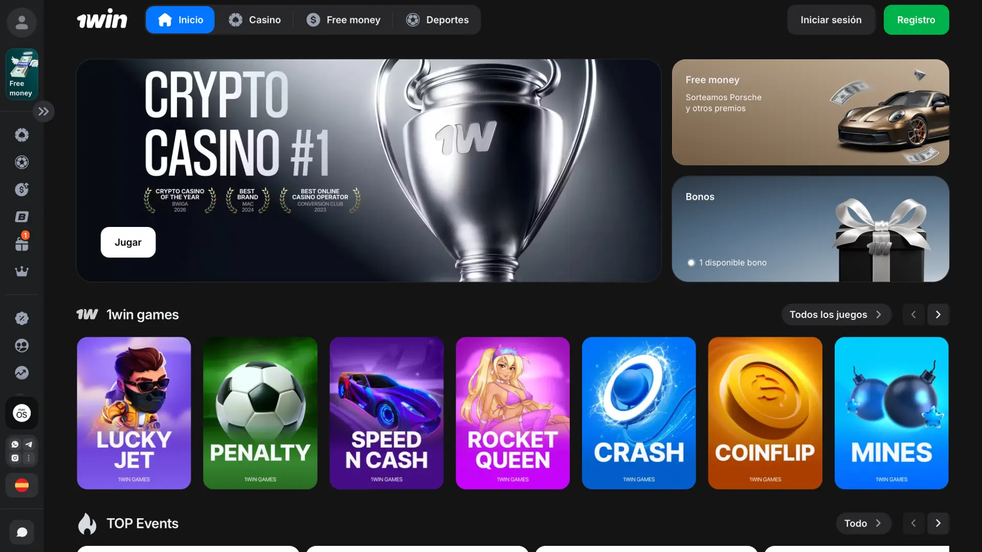 Pantalla principal de 1win Perú con acceso a deportes, casino y promociones activas.