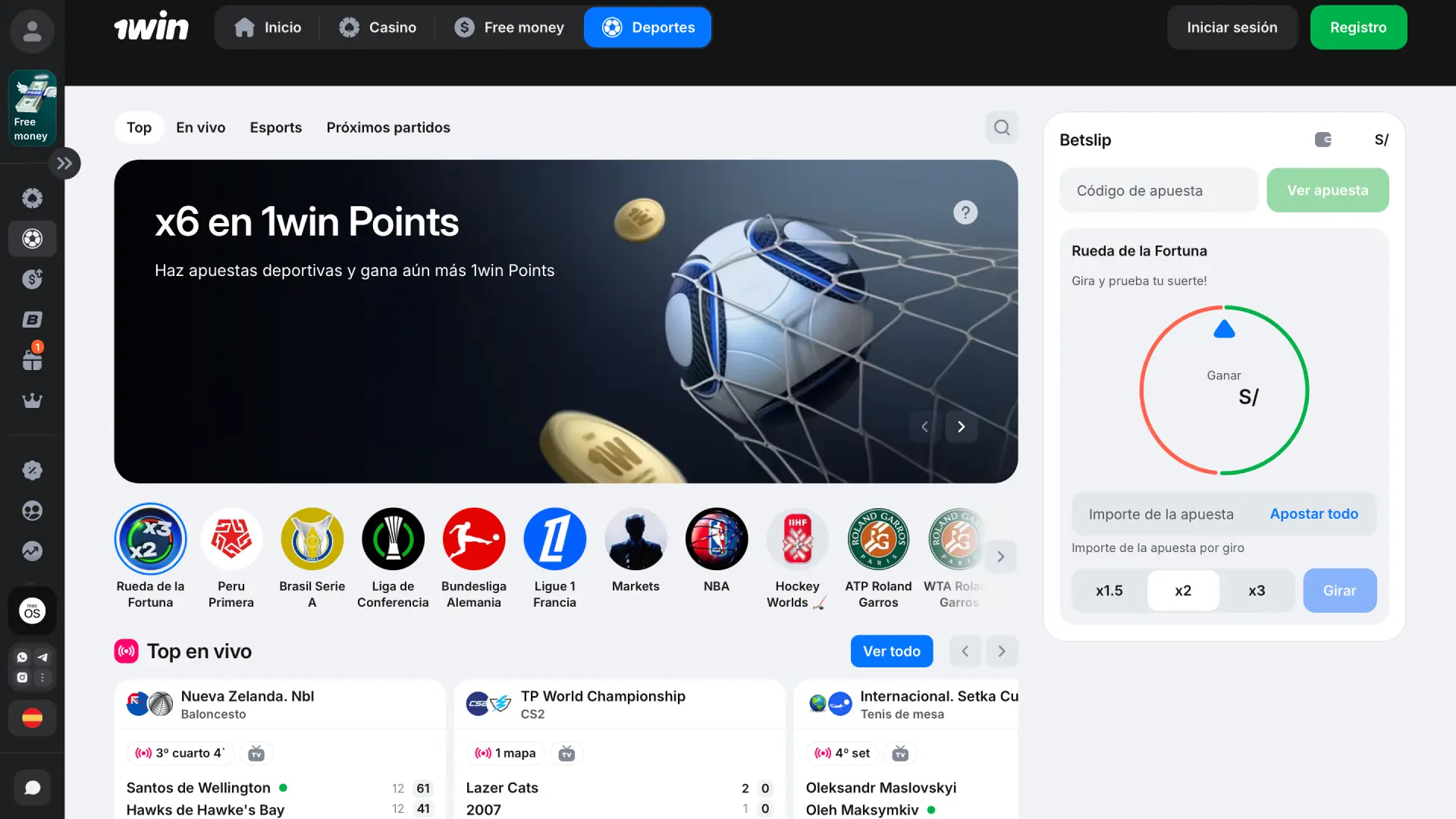Interfaz de apuestas deportivas de 1win Perú con odds en vivo y eventos destacados.