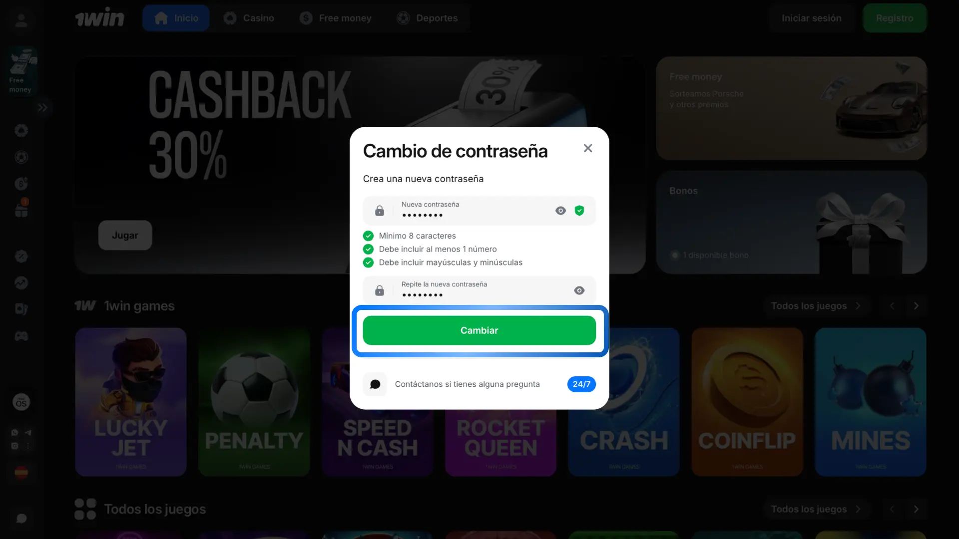 Sigue las instrucciones de 1win para crear una nueva contraseña y volver a acceder a tu cuenta.