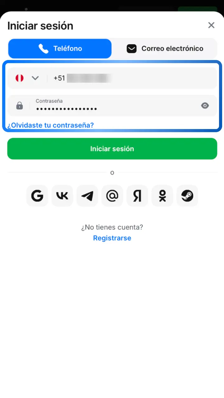 Introduce tu correo, teléfono o red social vinculada para acceder a tu cuenta de 1win.