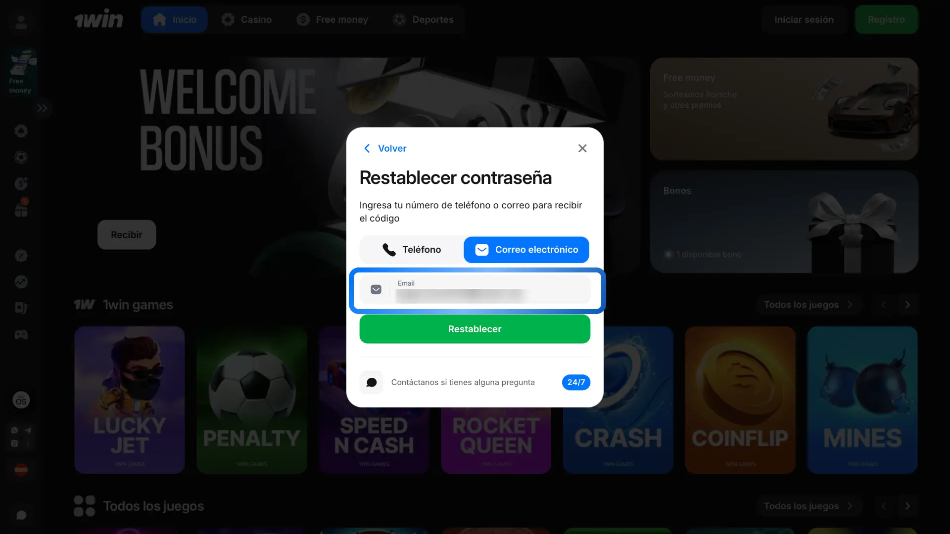 Introduce el correo o teléfono asociado a tu cuenta de 1win para recuperar tu contraseña.