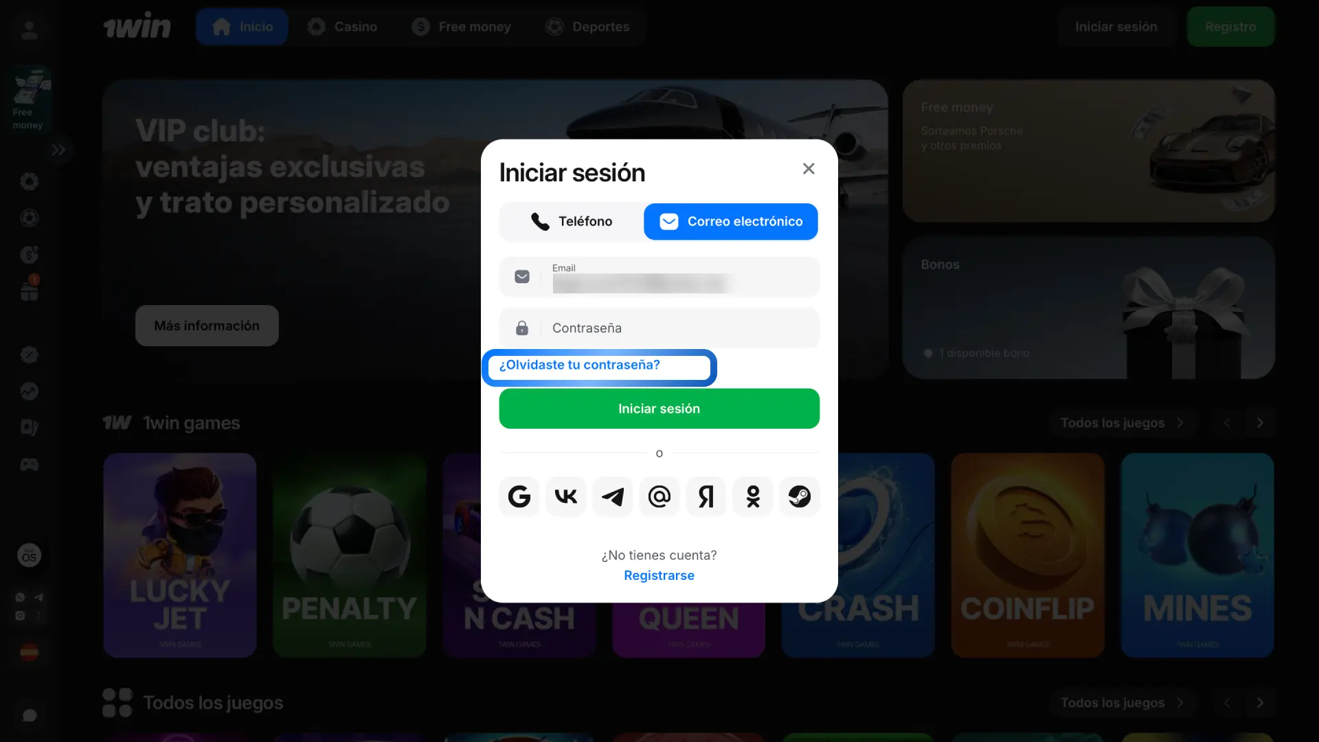 En la pantalla de inicio de sesión toca el enlace ¿Olvidaste tu contraseña? en 1win.