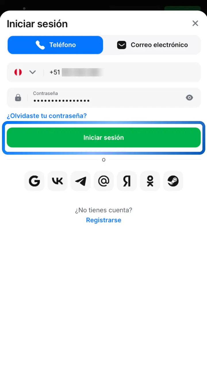 Toca Entrar para acceder a tu cuenta de 1win y usar todos los servicios disponibles.