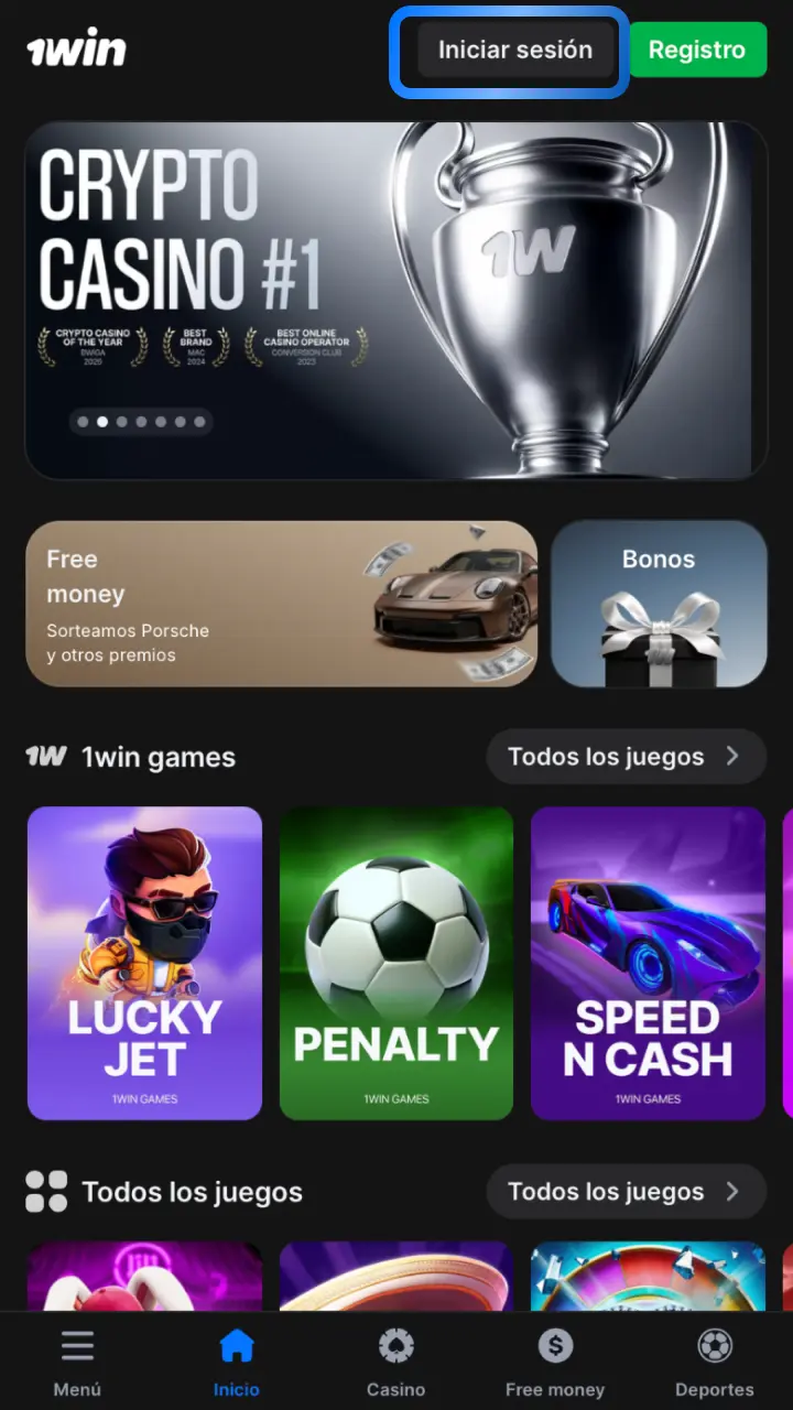 Toca el botón Iniciar sesión en la pantalla principal de la aplicación de 1win.