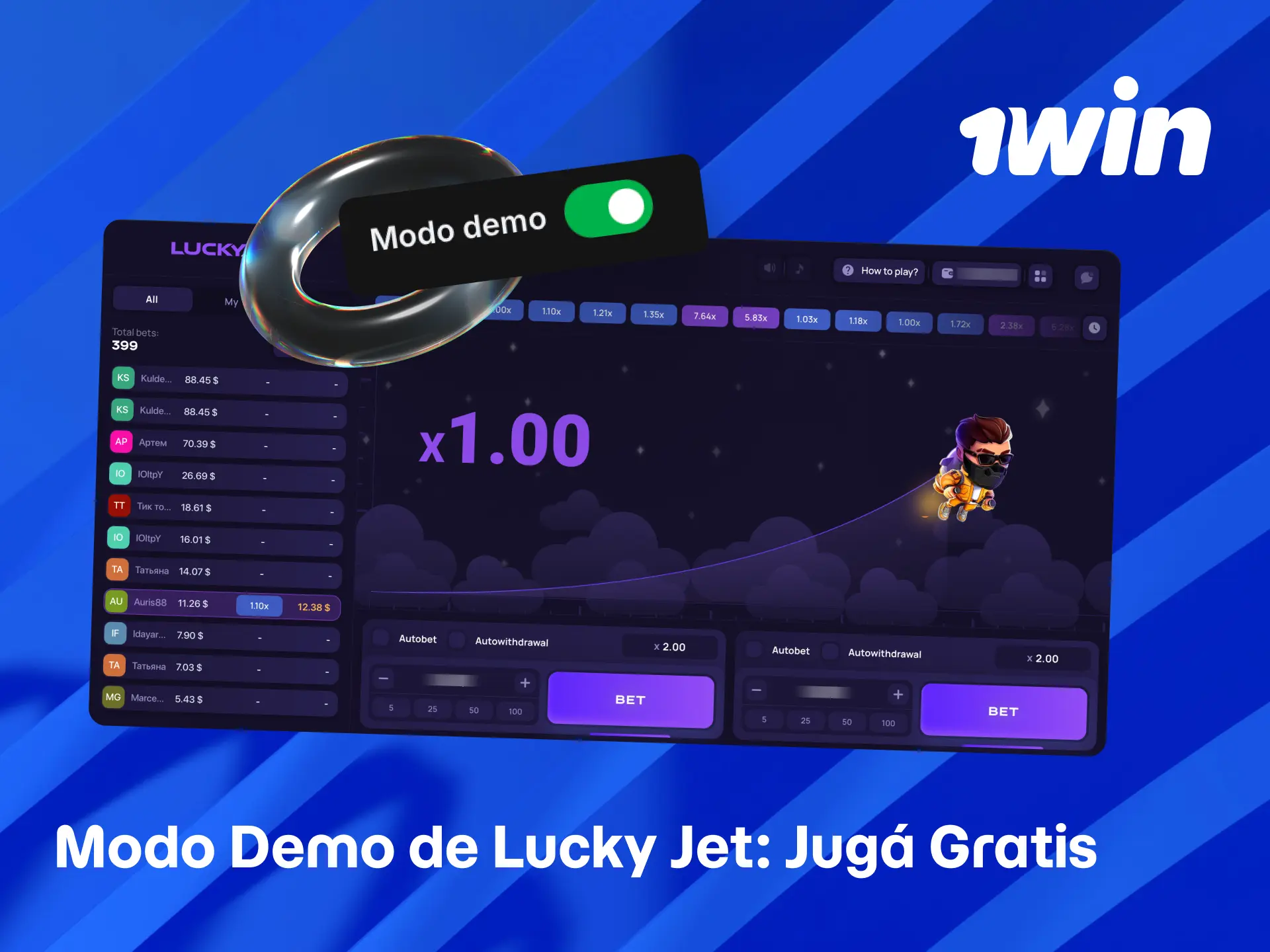 Modo demo de Lucky Jet para practicar gratis sin riesgo en 1win Perú.