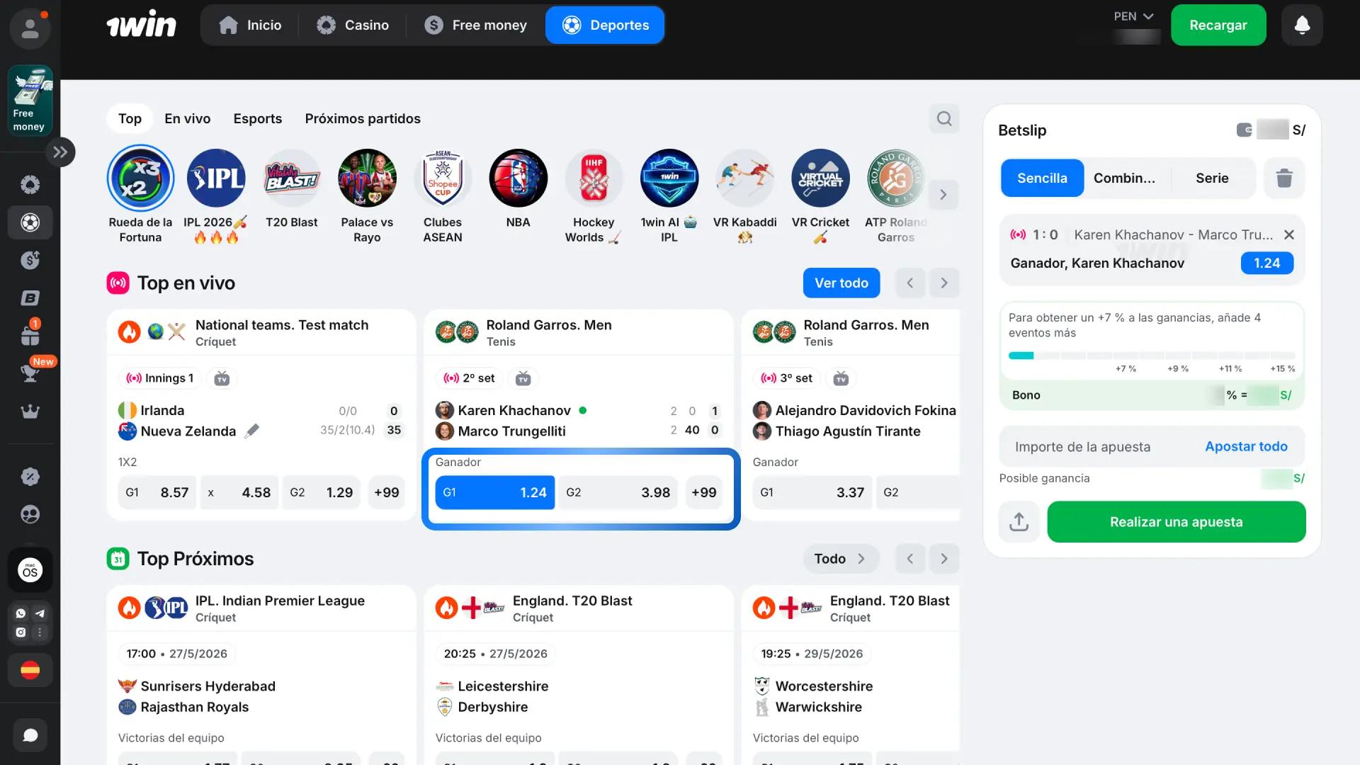 Selecciona el mercado de apuesta como ganador o total de goles en 1win.