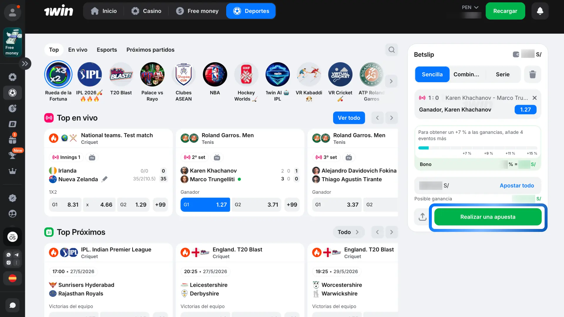 Haz clic en Apostar para registrar tu selección en la plataforma de 1win.