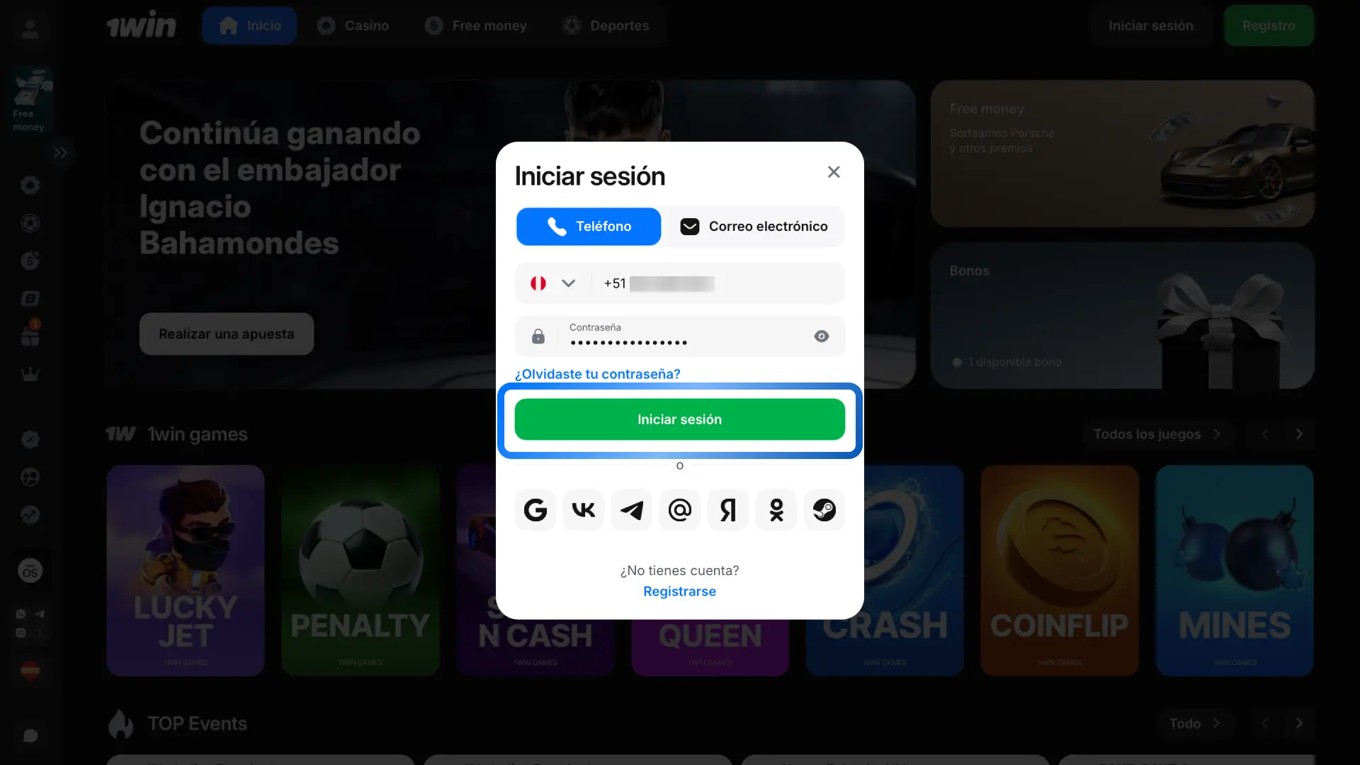 Haz clic en Iniciar sesión para entrar a tu cuenta de 1win y disfrutar de apuestas y casino.