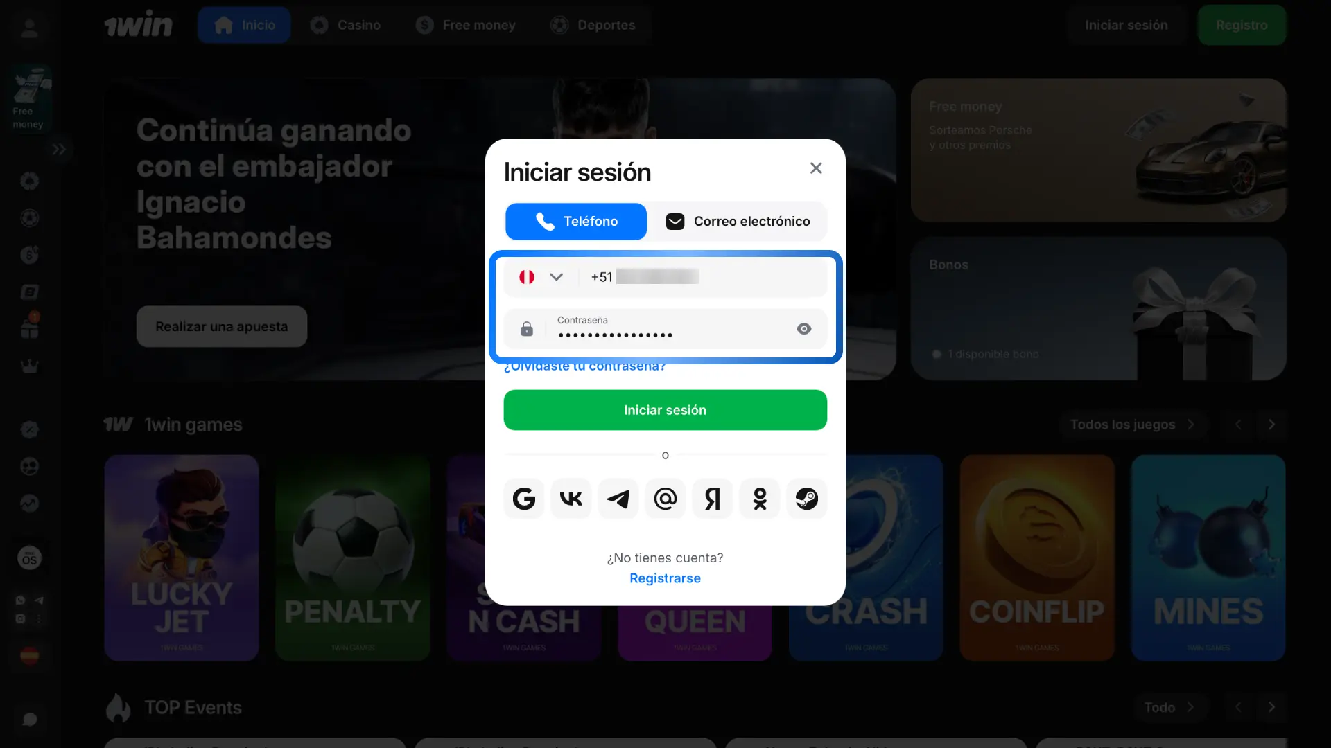 Introduce tu correo o teléfono y contraseña en el formulario de acceso de 1win.
