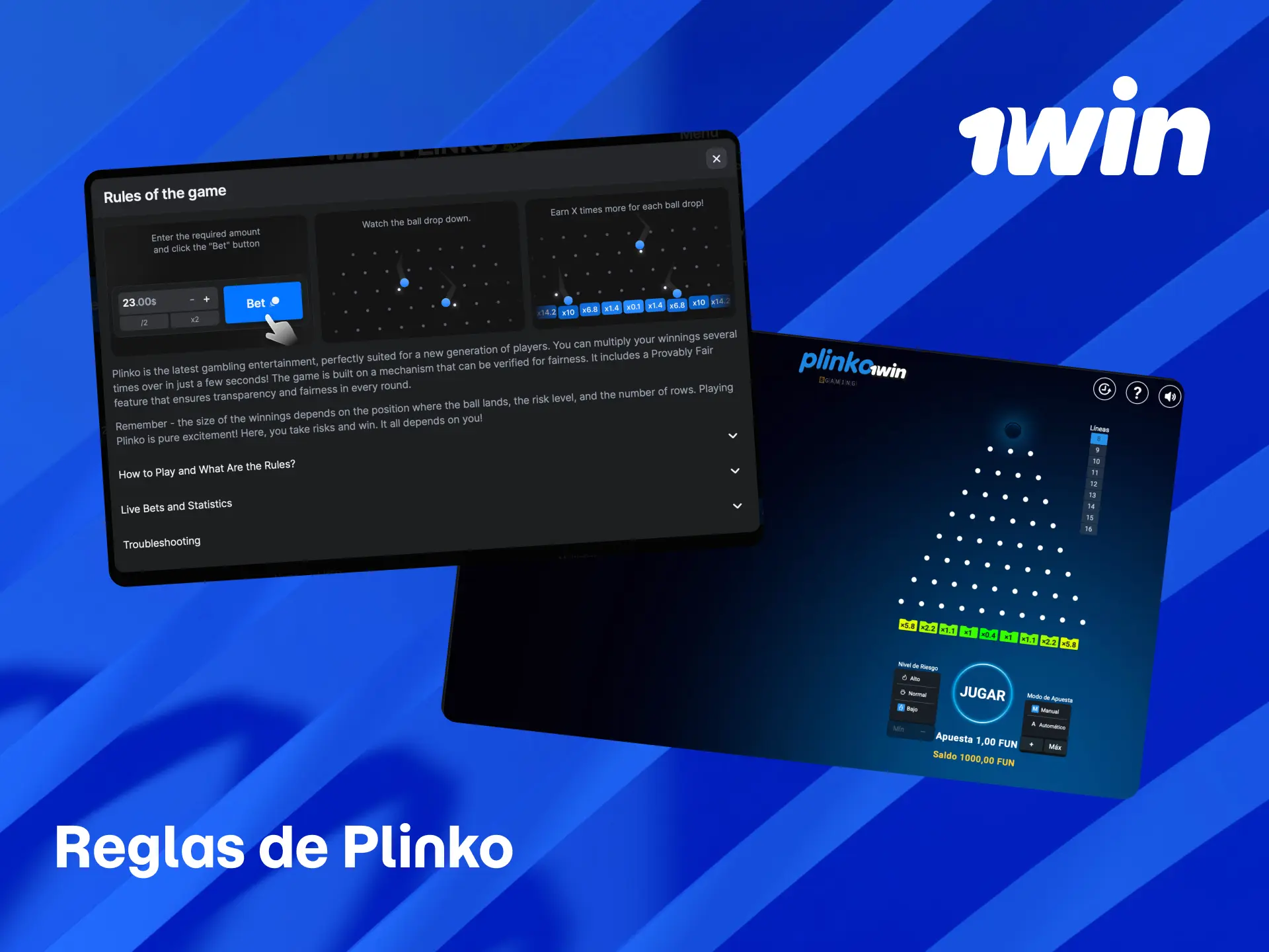 Reglas básicas del juego Plinko en 1win para jugadores peruanos.