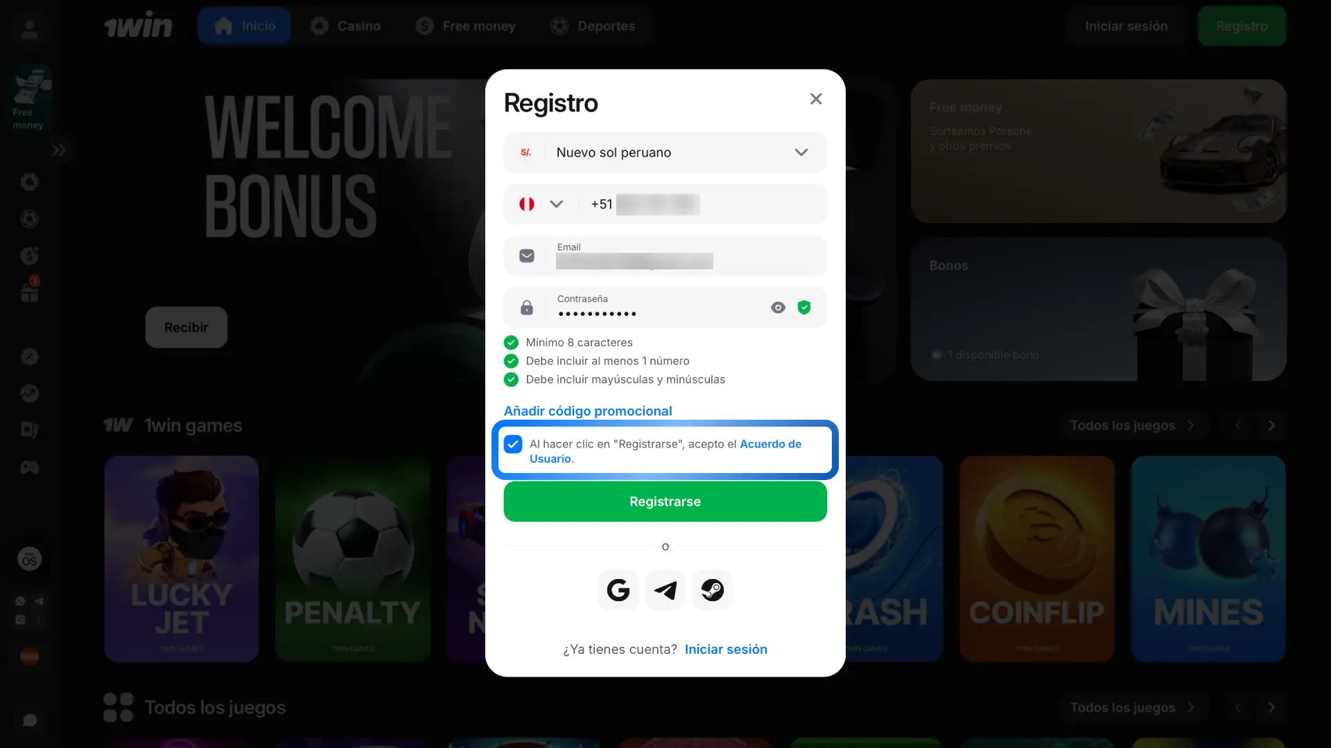 Lee y acepta los términos del servicio de 1win antes de continuar con tu registro.