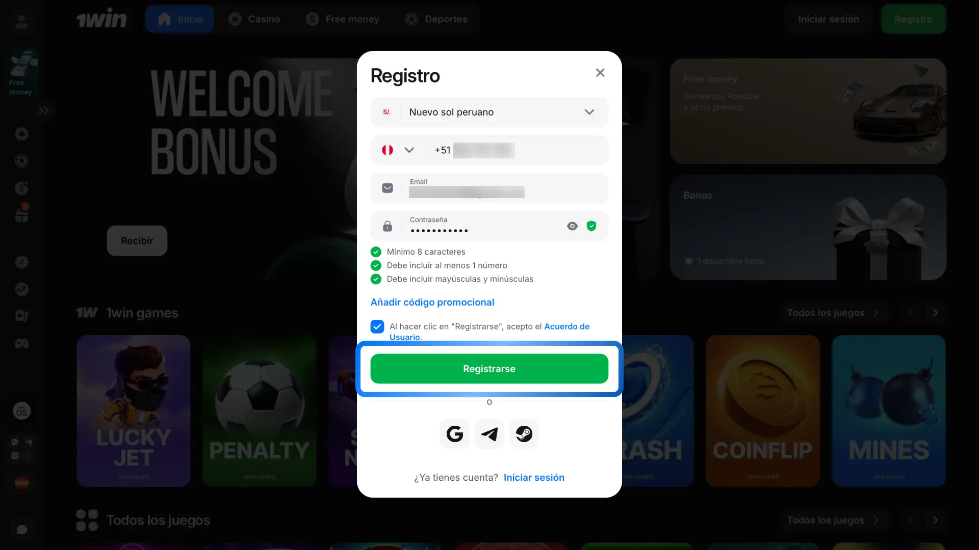 Haz clic en el botón de registro y completa el formulario para crear tu cuenta en 1win.