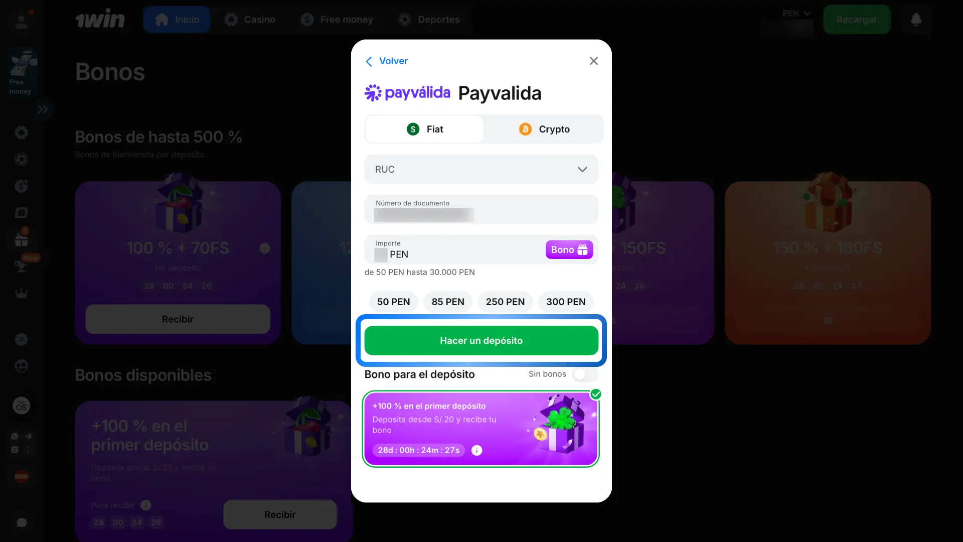 Efectúa un depósito con el monto mínimo requerido para activar el bono en 1win.