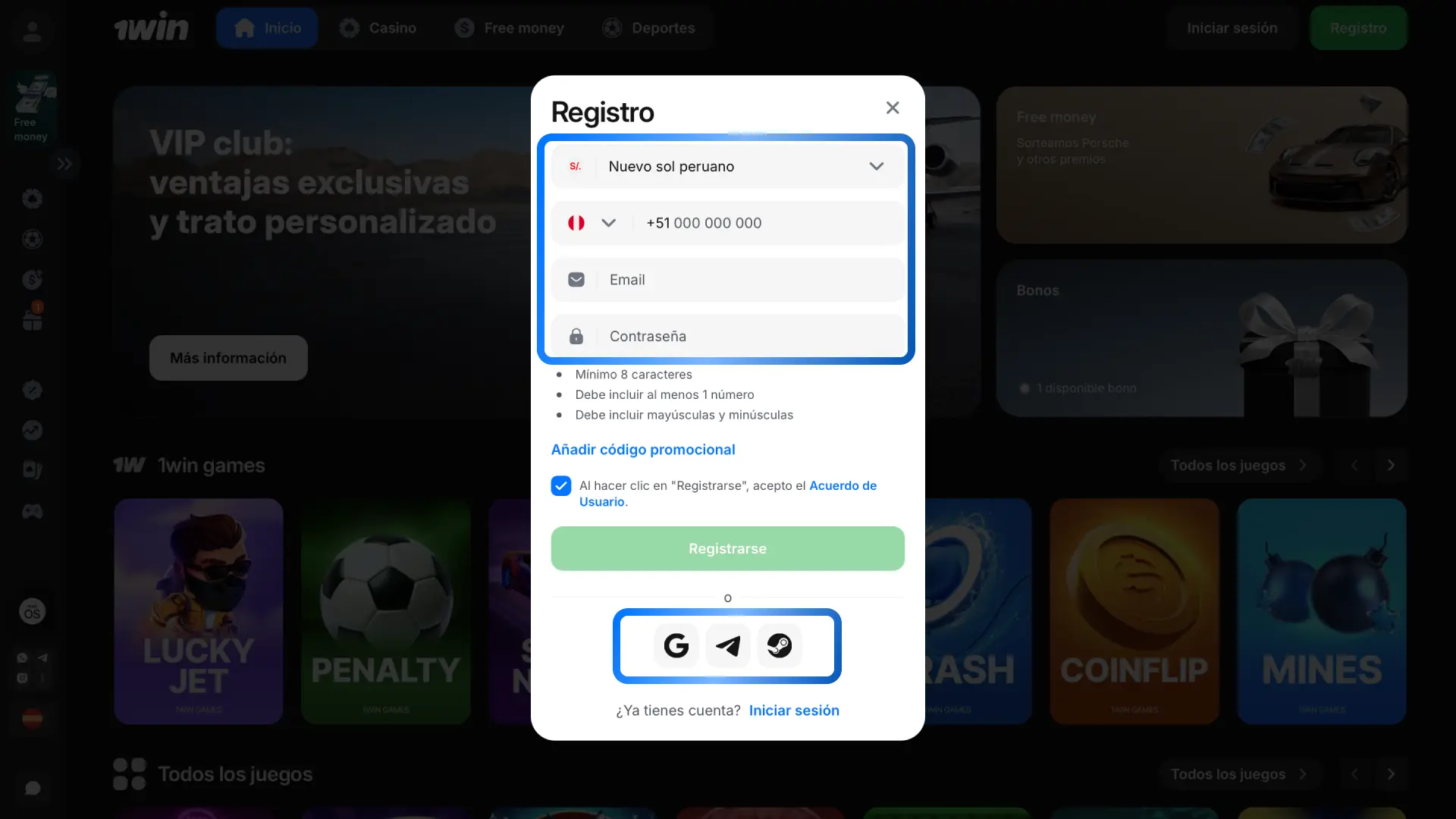 Selecciona registro por teléfono, correo o redes sociales para crear tu cuenta en 1win.